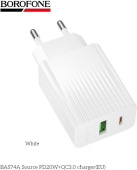 BOROFONE (6941991122767) BAS74A 1USB+1Type-C 3.0A QC3.0 PD 20W White